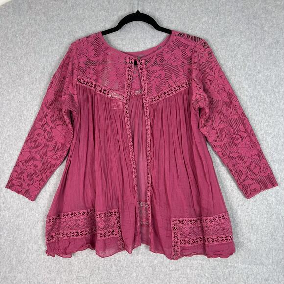Free People One Pink Golden Age Lace Long Sleeve Open Back Top Size Medium - Picture 4 of 10